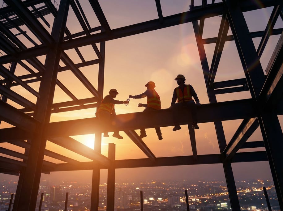 Three construction workers taking a sunset break on steel beams of an unfinished building