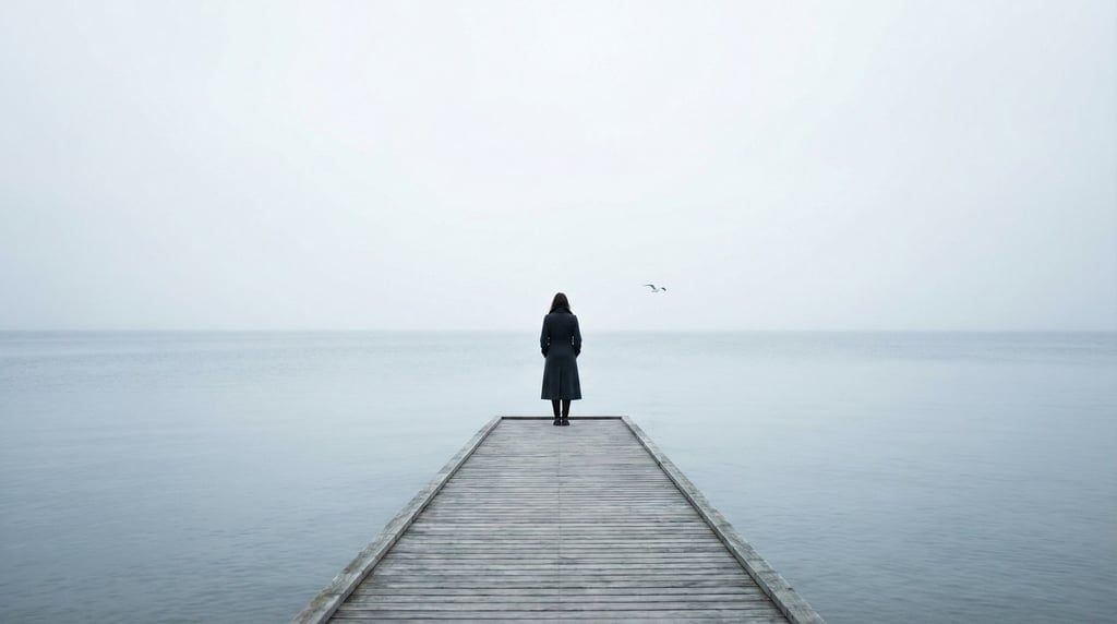 A woman in a long coat standing at the edge of a pier