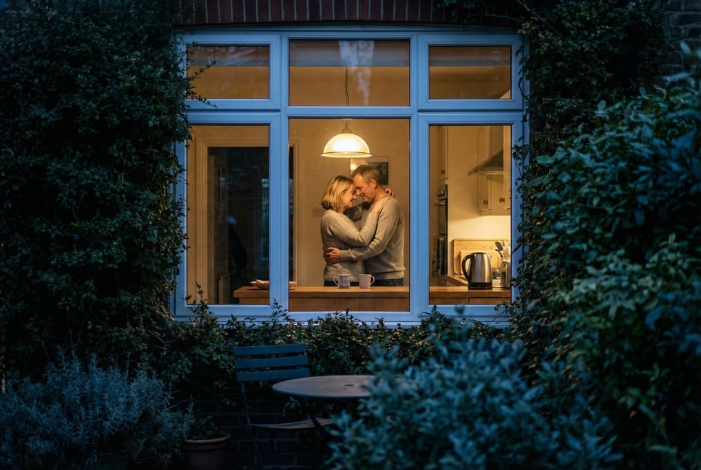 A couple in their 50s slow-dancing in their kitchen at night