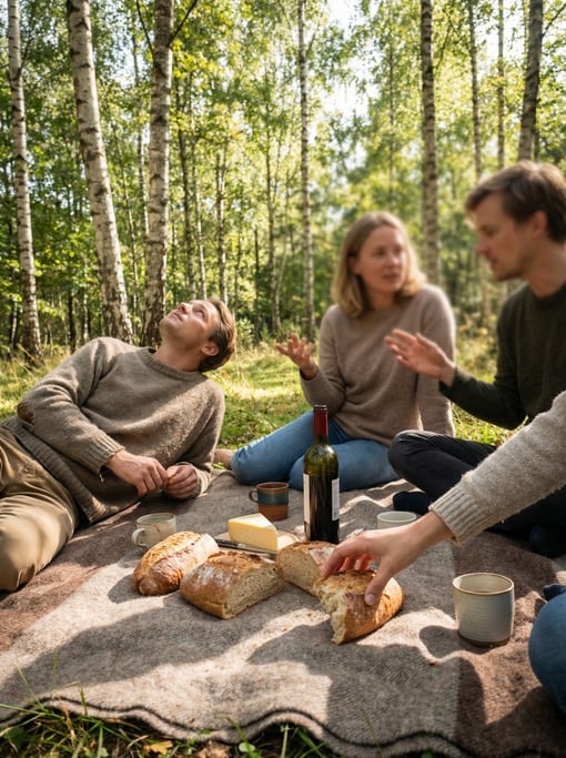 Four friends having a picnic in a sun-dappled forest clearing