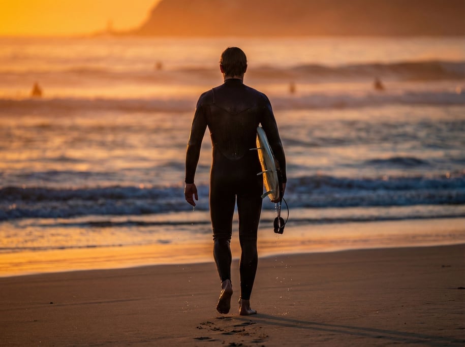 A surfer walking back from the ocean at sunset carrying a board under one arm