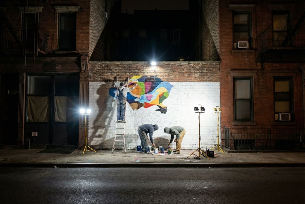 Three street artists working on a mural at night under portable work lights