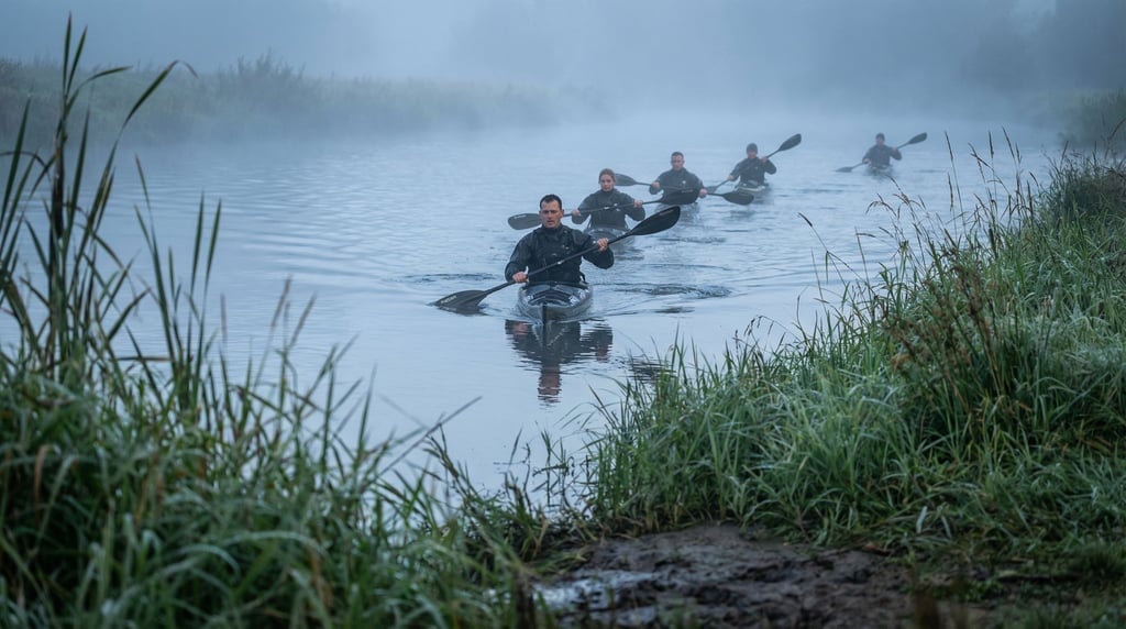 A team of kayakers paddling together on a misty morning river