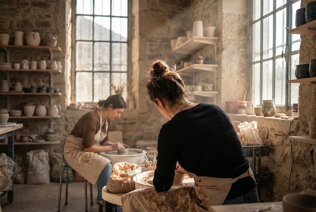 Two women in their 40s working at adjacent pottery wheels in a sunlit ceramics studio
