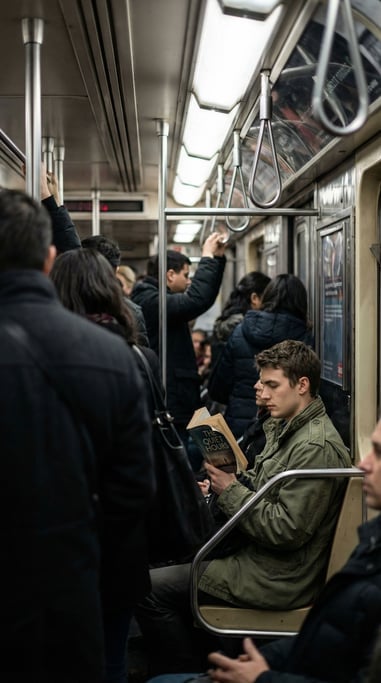 A packed subway car during rush hour, people standing close together holding poles and straps