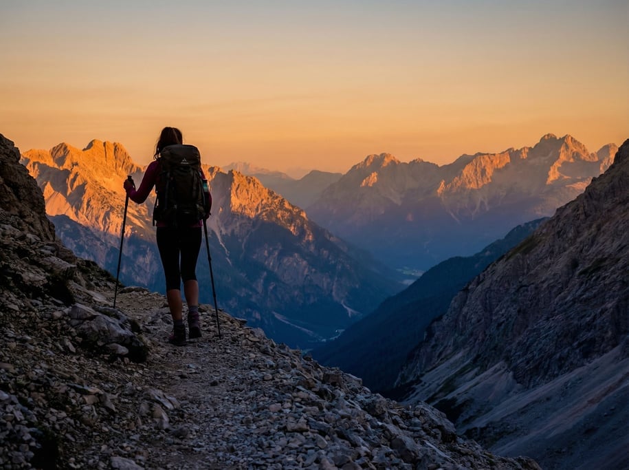 A solo hiker ascending a rocky trail above the treeline