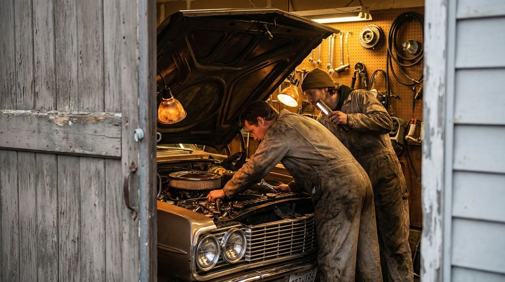 Two mechanics in coveralls working under the hood of a vintage car in a cluttered garage