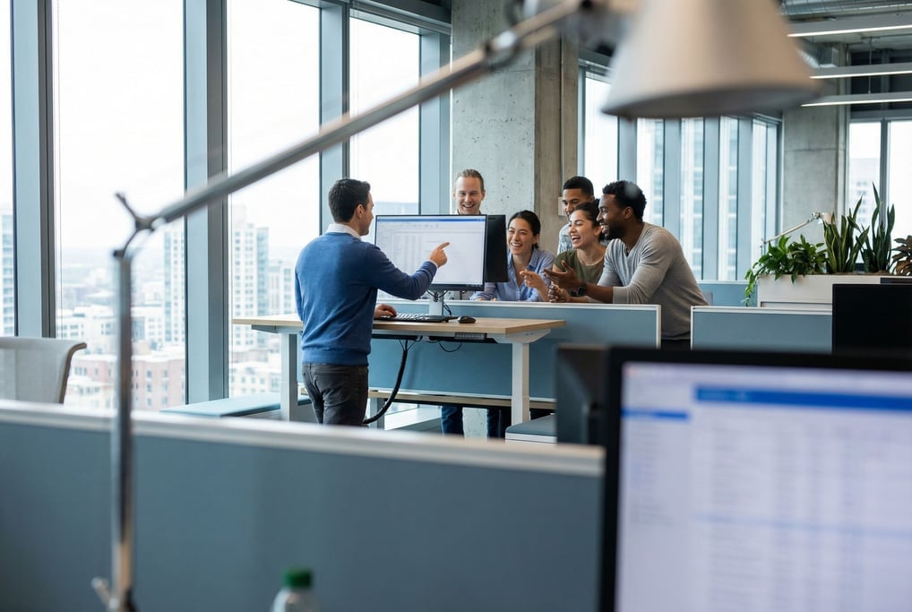 Five coworkers at a standing desk area in a bright modern office