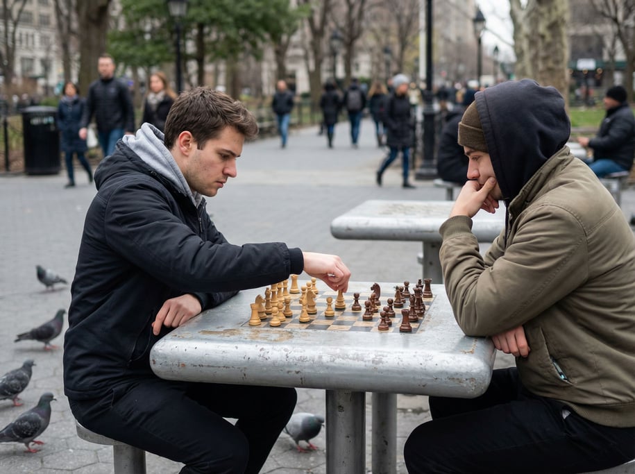 Two young men playing chess at an outdoor concrete table in an urban park