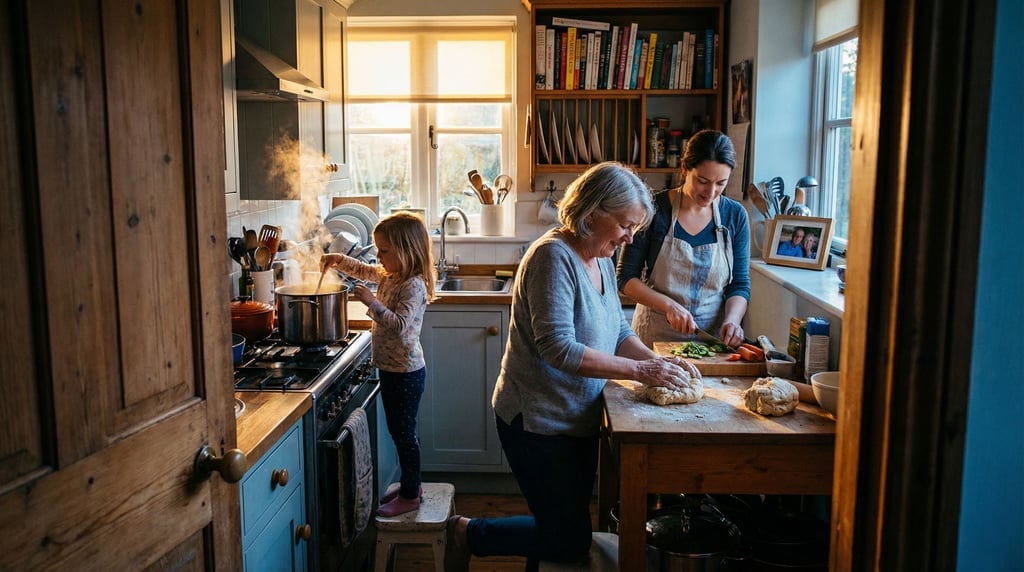 Three generations of women in a kitchen preparing a meal together