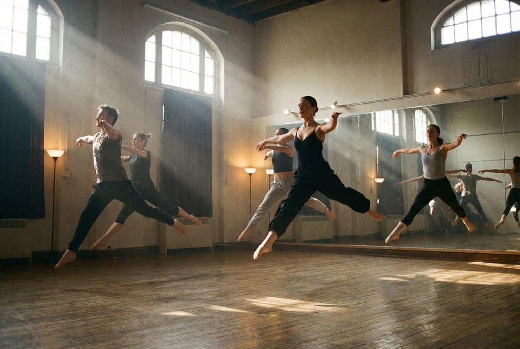 A dance rehearsal in a high-ceilinged studio with mirrors