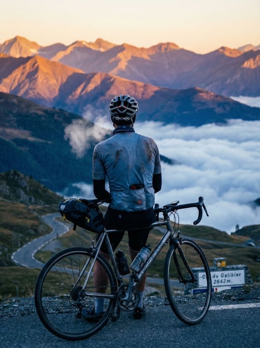 A solo cyclist resting at the top of a mountain pass