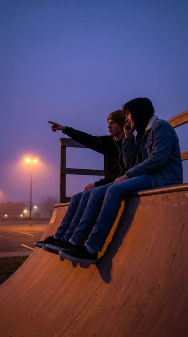Two teenagers sitting on a skateboard ramp at dusk