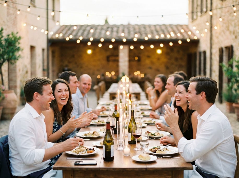 A group of eight people at a long dinner table in a courtyard
