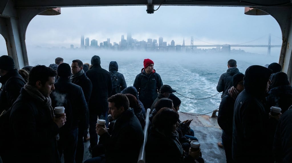 Commuters on a morning ferry crossing a harbor
