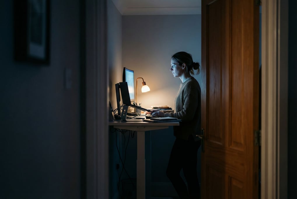 A woman in her 30s working at a standing desk in a home office at night