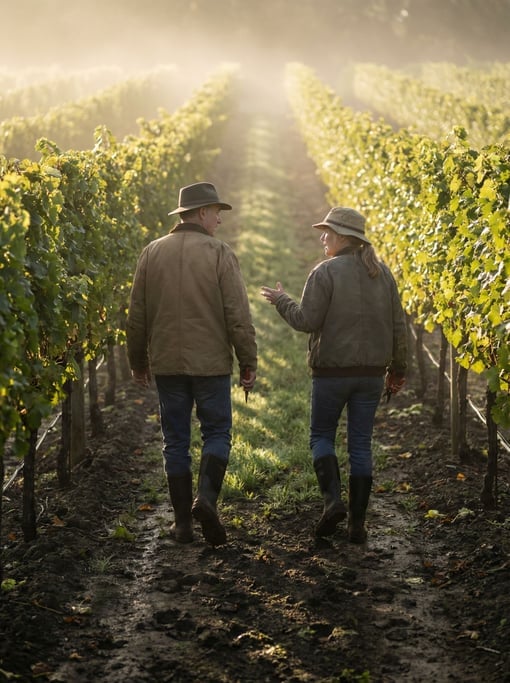 Two farmers in their 50s walking between rows of grapevines in early morning