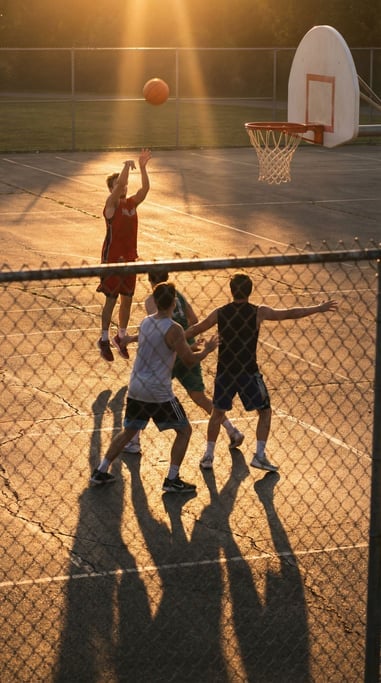 Four friends playing basketball on an outdoor court at sunset