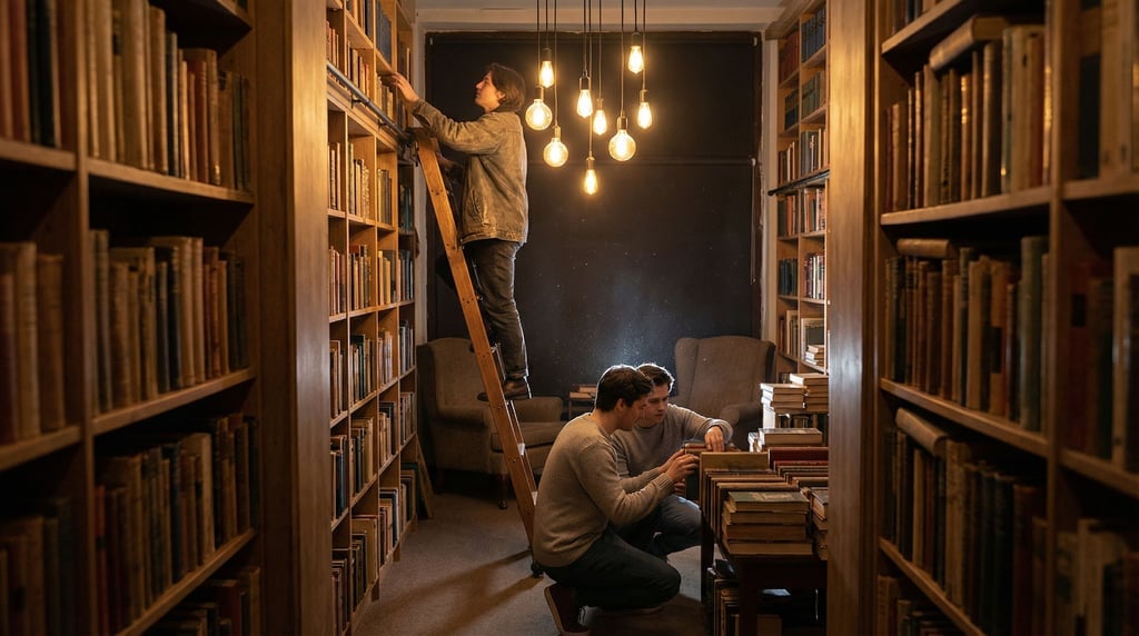 Three friends browsing a used bookshop
