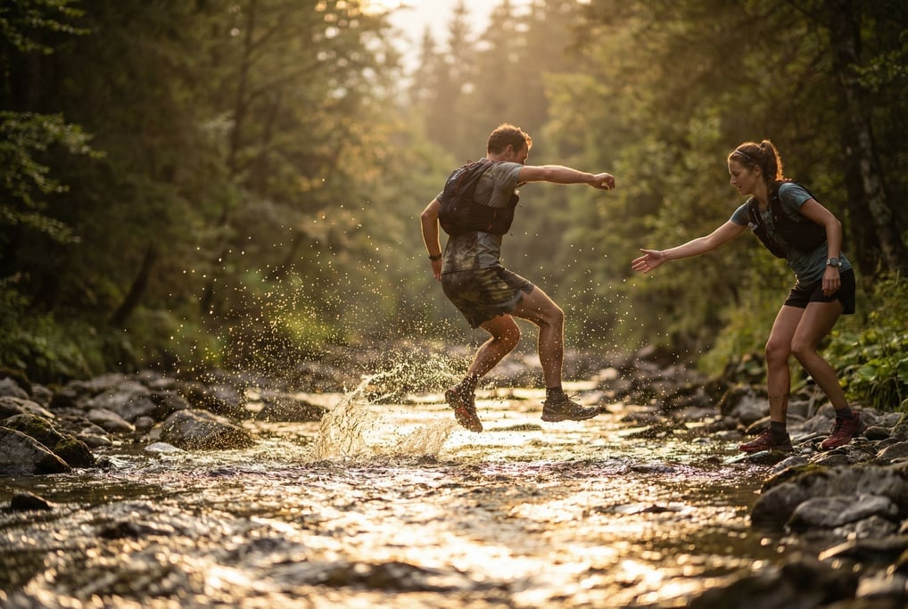 A pair of trail runners crossing a mountain stream
