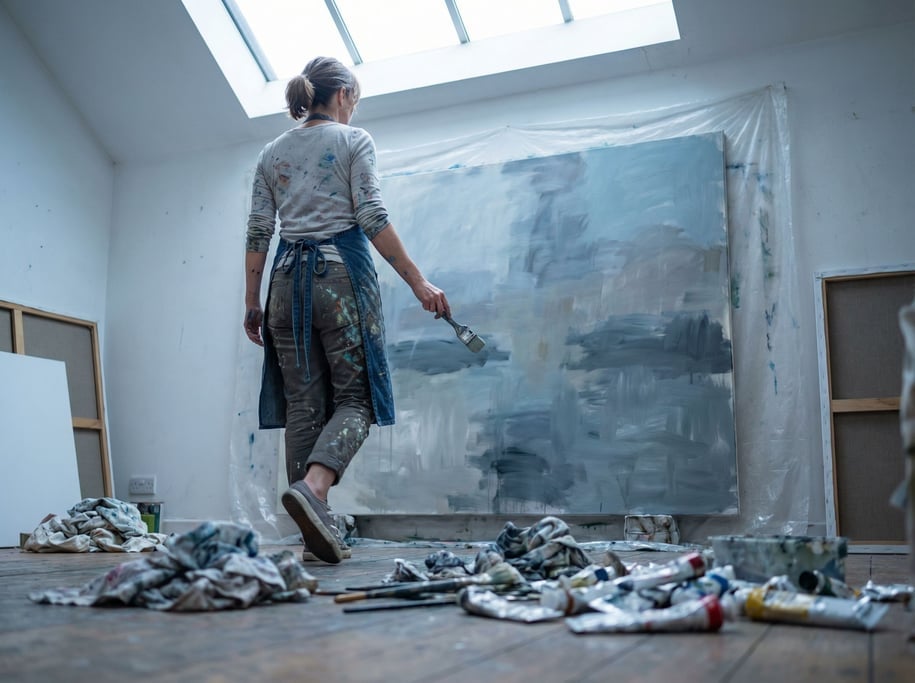 A woman in her 40s painting alone in a messy studio, large canvas before her