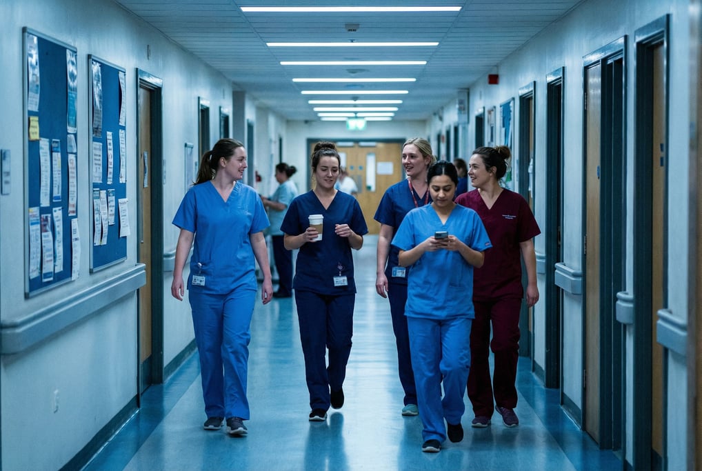 Four nurses in scrubs walking down a hospital corridor at shift change