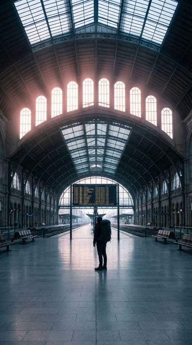 A solo traveler with a backpack standing in a vast empty train station at dawn