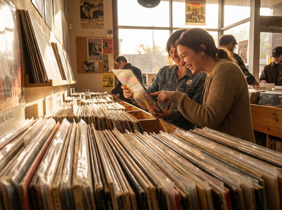 Two women in their 20s at a record store