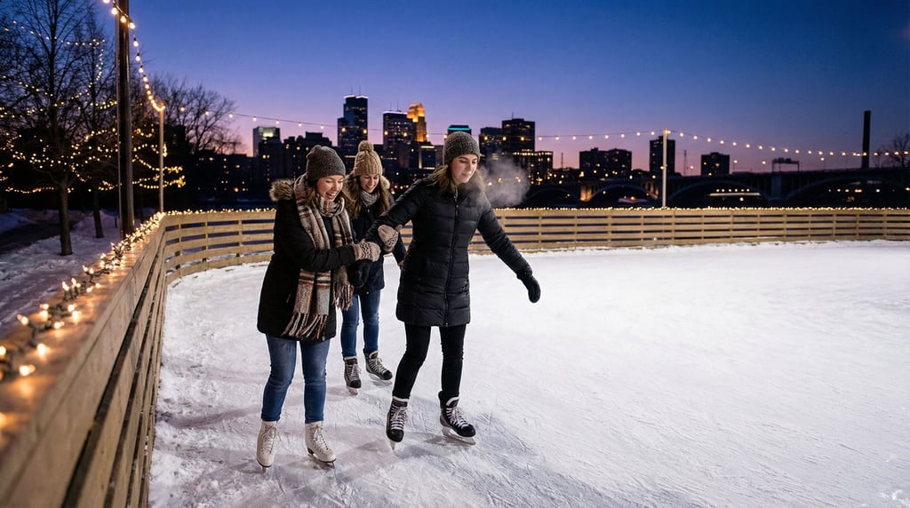 Three friends ice skating on a frozen outdoor rink at dusk