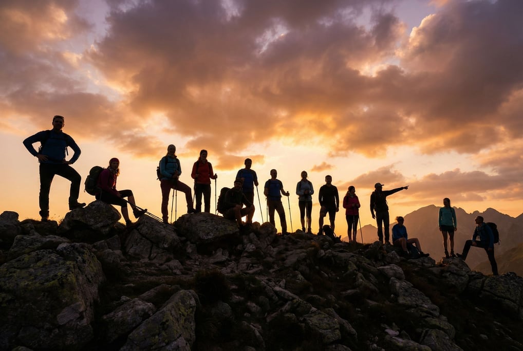 A group of twelve hikers pausing at a mountain overlook