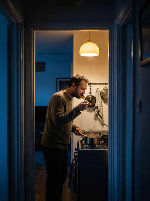 A man in his 30s cooking alone in a small apartment kitchen at night