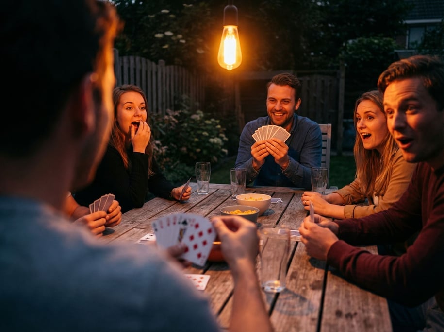 Five friends at a backyard table playing cards