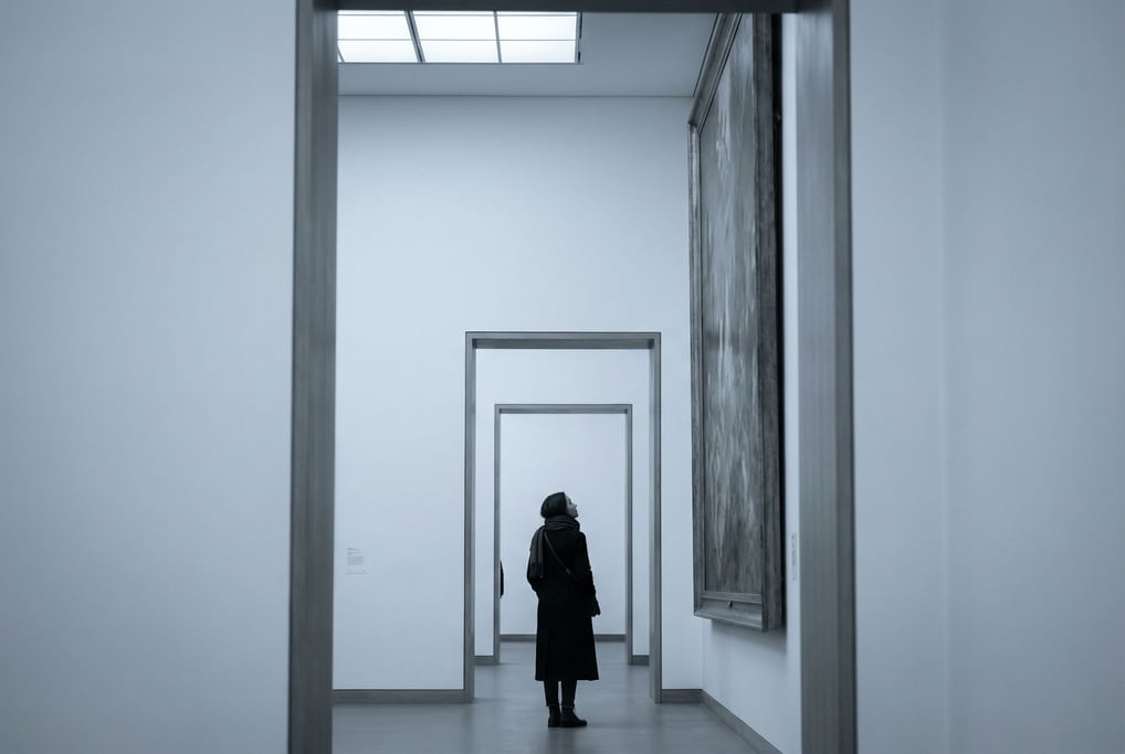 A woman in her 50s walking through a museum gallery alone