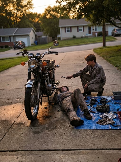 Two teenagers working on a motorcycle in a driveway, parts spread on a tarp