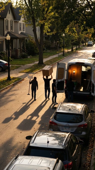Four people loading a moving van on a residential street