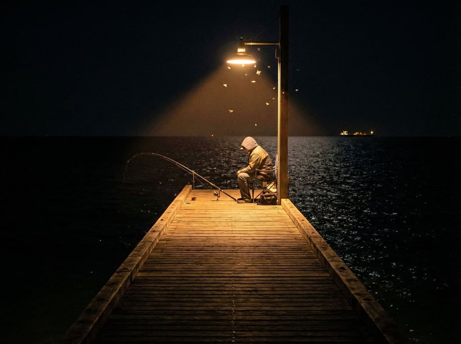 A night fisherman alone on a lit pier, his rod arcing over the dark water