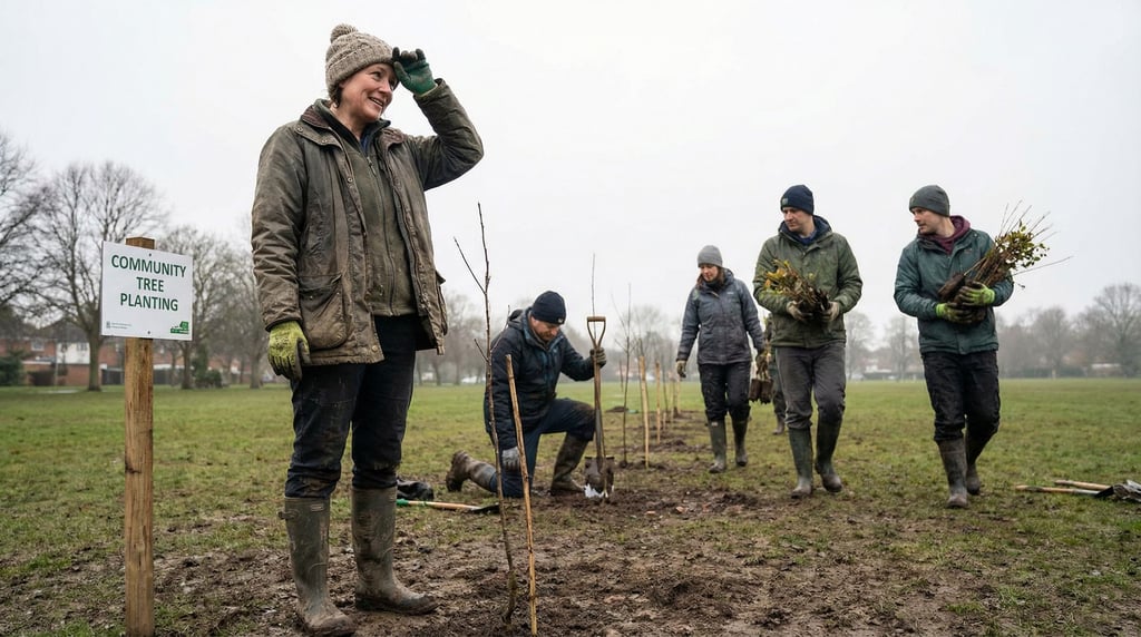 A group of six volunteers planting trees in a park, some digging while others carry saplings