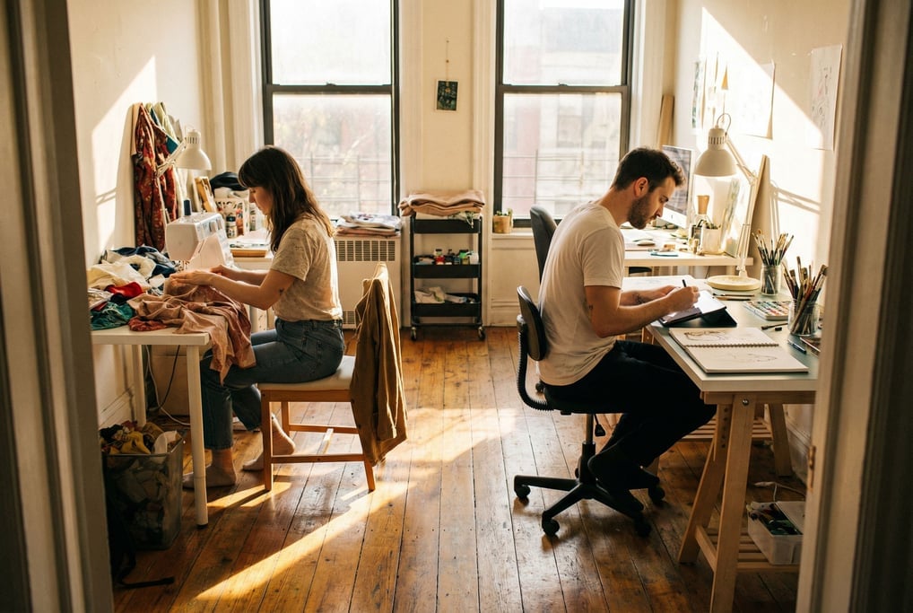 Two friends in their 30s working side by side in a shared artist studio
