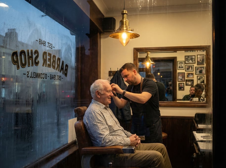 A man in his 70s sitting in a barbershop chair getting a haircut, the barber focused and precise