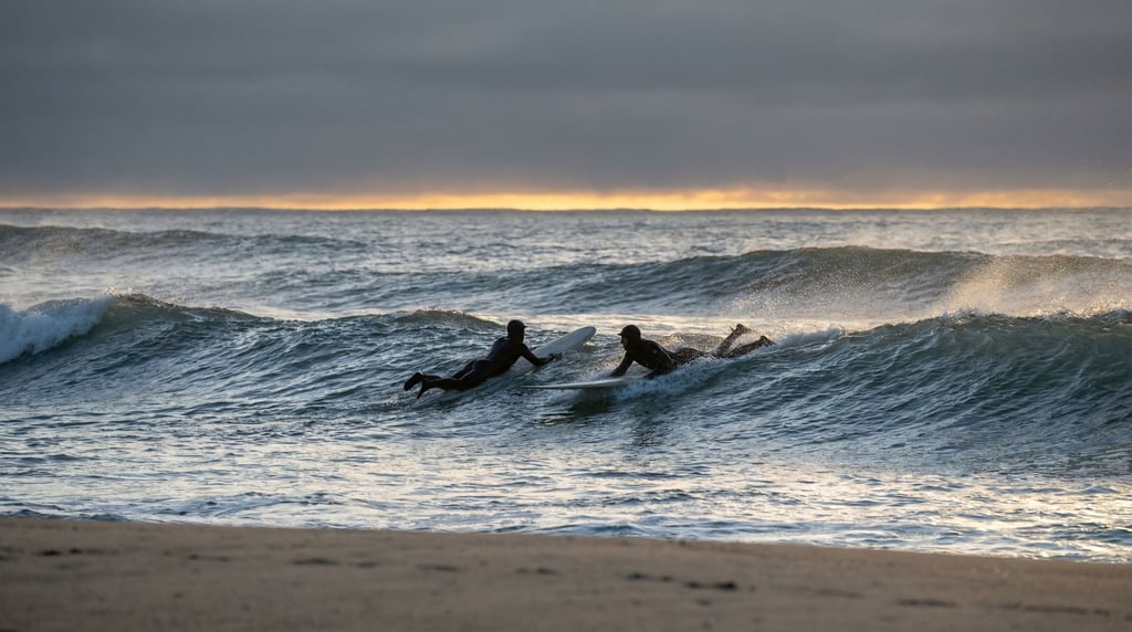 Two surfers paddling out together through morning waves