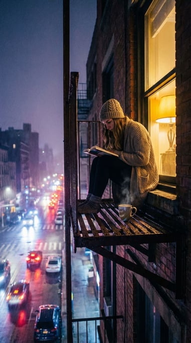 A woman in her 20s sitting on a fire escape at night reading by the light of her apartment window behind her