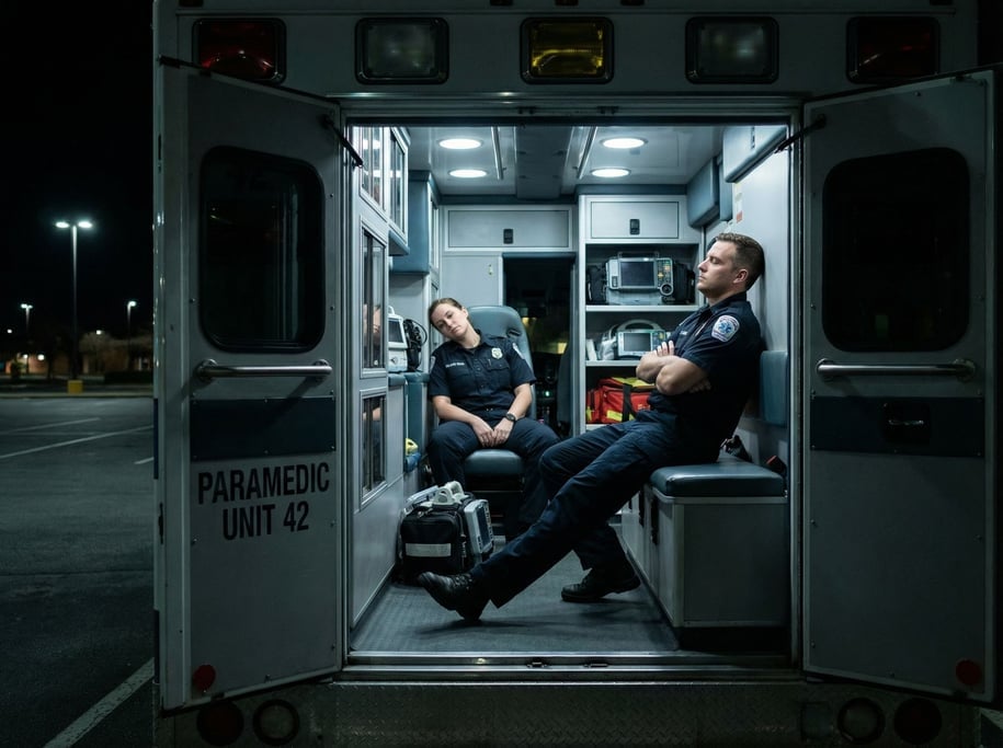 Two paramedics in the back of an ambulance during a quiet moment between calls