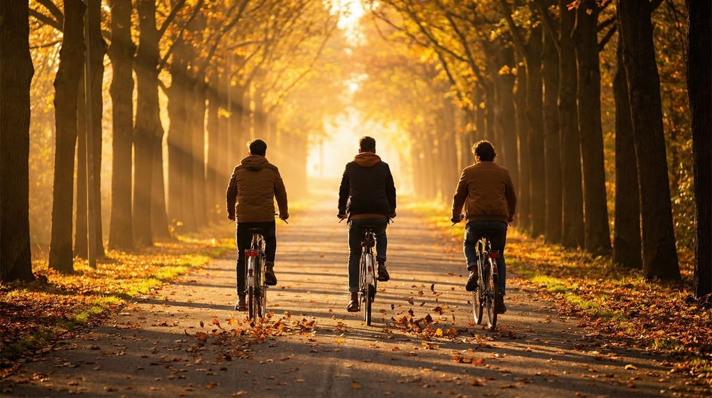 Three friends riding bicycles down a tree-lined avenue in autumn