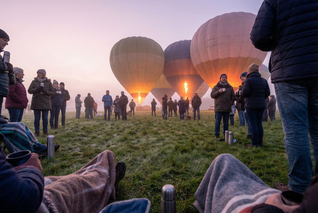 A crowd of spectators at a dawn hot-air balloon launch