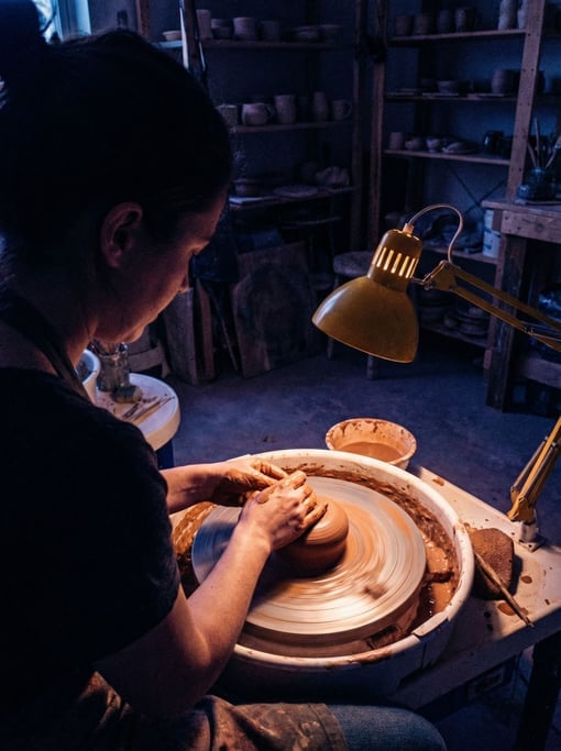 A solo potter at her wheel late at night