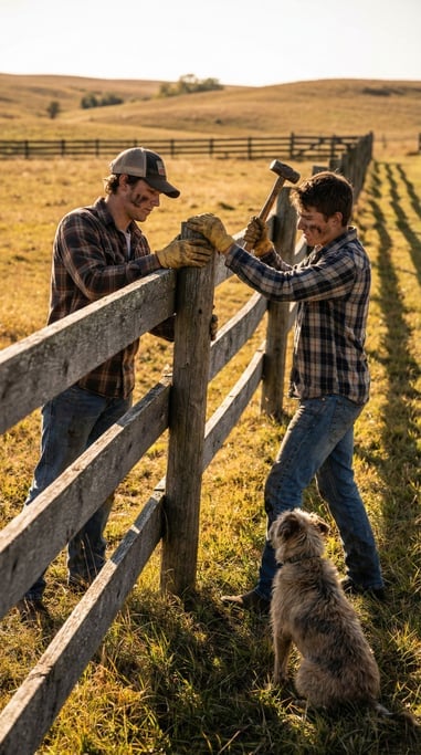 Two brothers in their 30s repairing a fence on a rural property