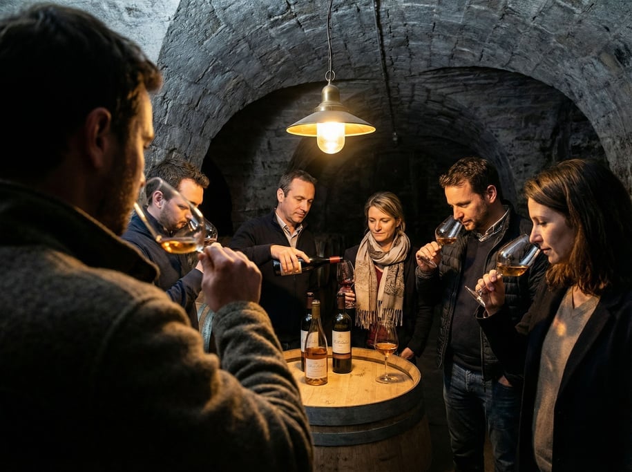 Five people at a wine tasting in a stone cellar