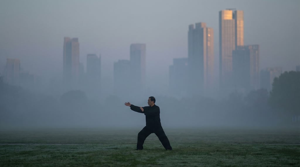 A morning tai chi practitioner alone in a misty city park