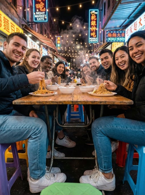 A group of eight friends at a long table at a street food market