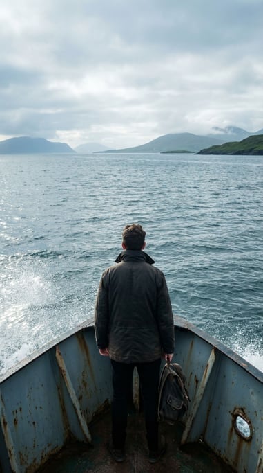 A man in his 40s standing alone at the bow of a small ferry